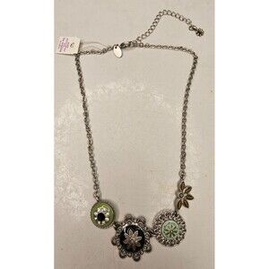 lia sophia Botanica 16" Silver Tone Cut Crystal Enamel Floral Leaf Necklace NWT
